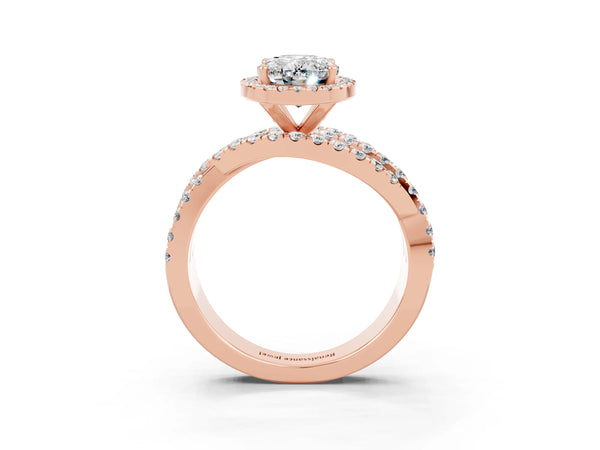 Rose gold Oval Cut Moissanite Halo Ring with Round Split Shank and Prong Setting