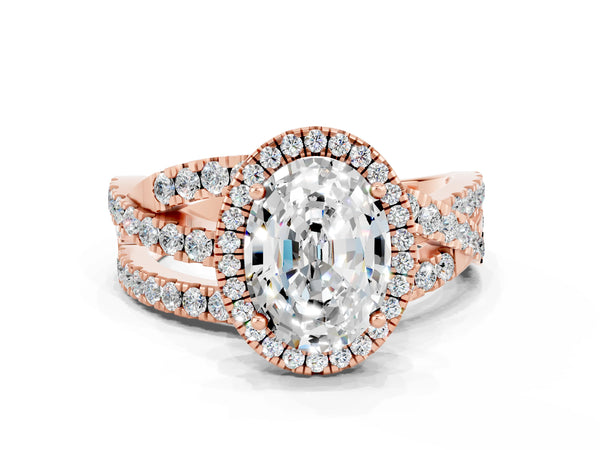 Rose gold Oval Cut Moissanite Halo Ring with Round Split Shank and Prong Setting