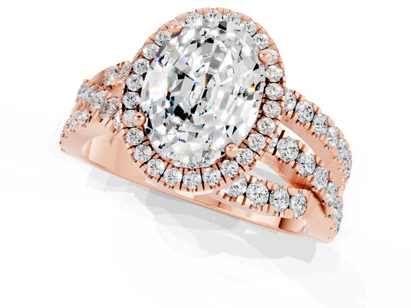 Rose gold Oval Cut Moissanite Halo Ring with Round Split Shank and Prong Setting
