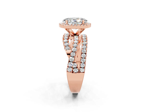 Rose gold Oval Cut Moissanite Halo Ring with Round Split Shank and Prong Setting