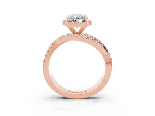 Rose gold Oval Cut Moissanite Halo Ring with Round Split Shank and Prong Setting