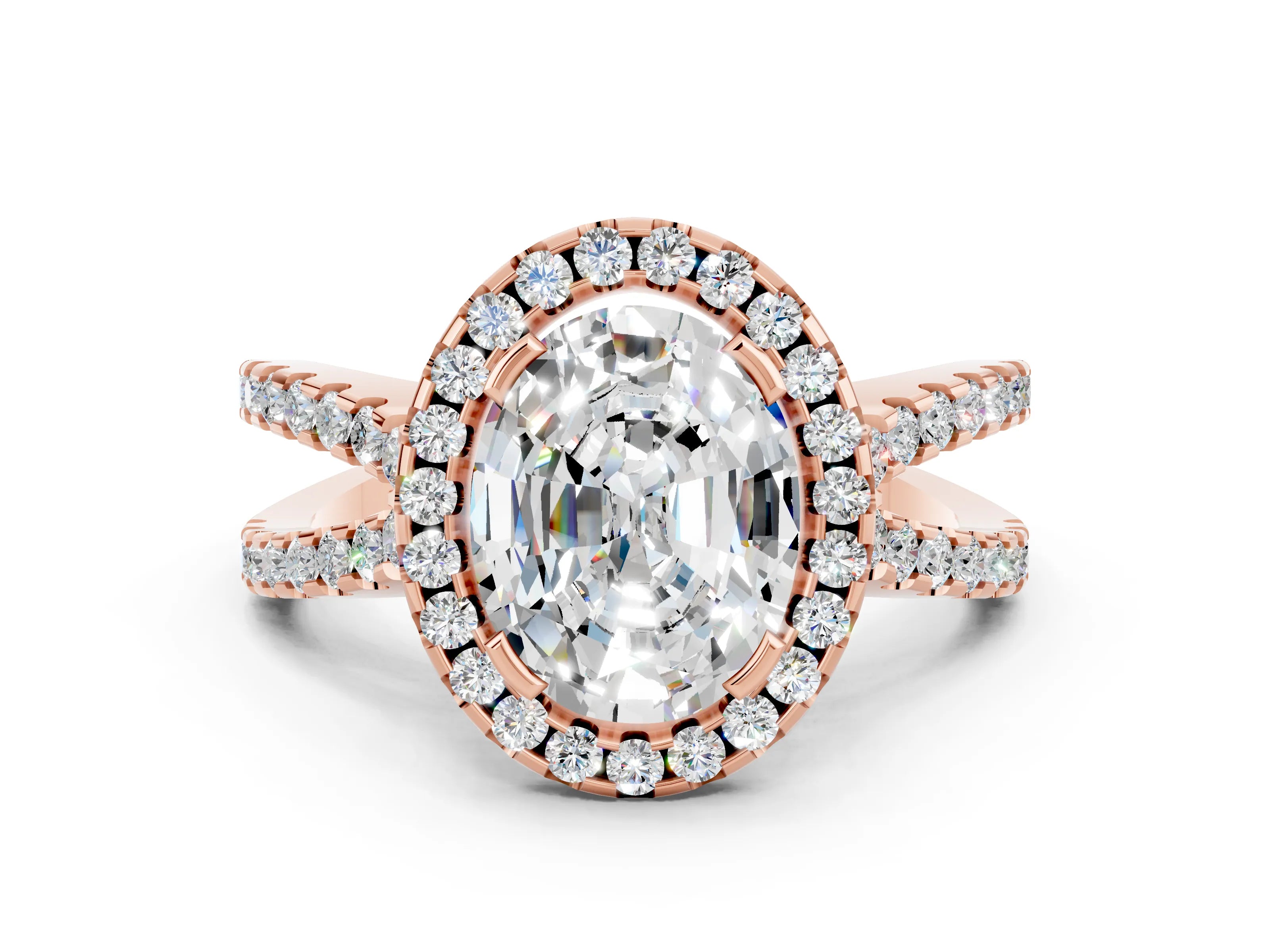 Rose gold Oval Cut Moissanite Halo Ring with Split Shank Pavé Band and Prong Setting