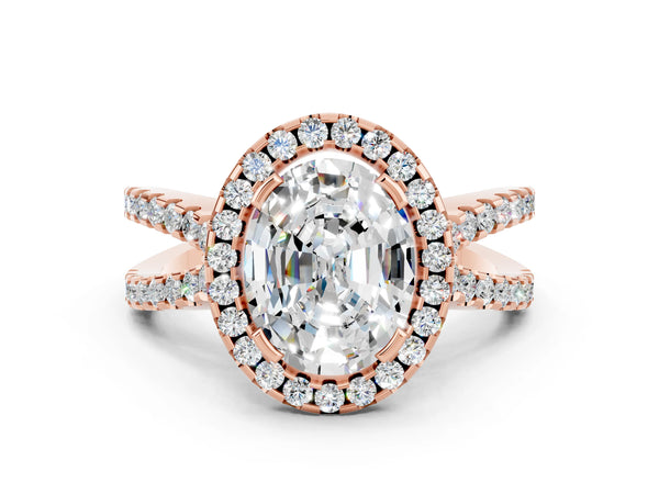 Rose gold Oval Cut Moissanite Halo Ring with Split Shank Pavé Band and Prong Setting