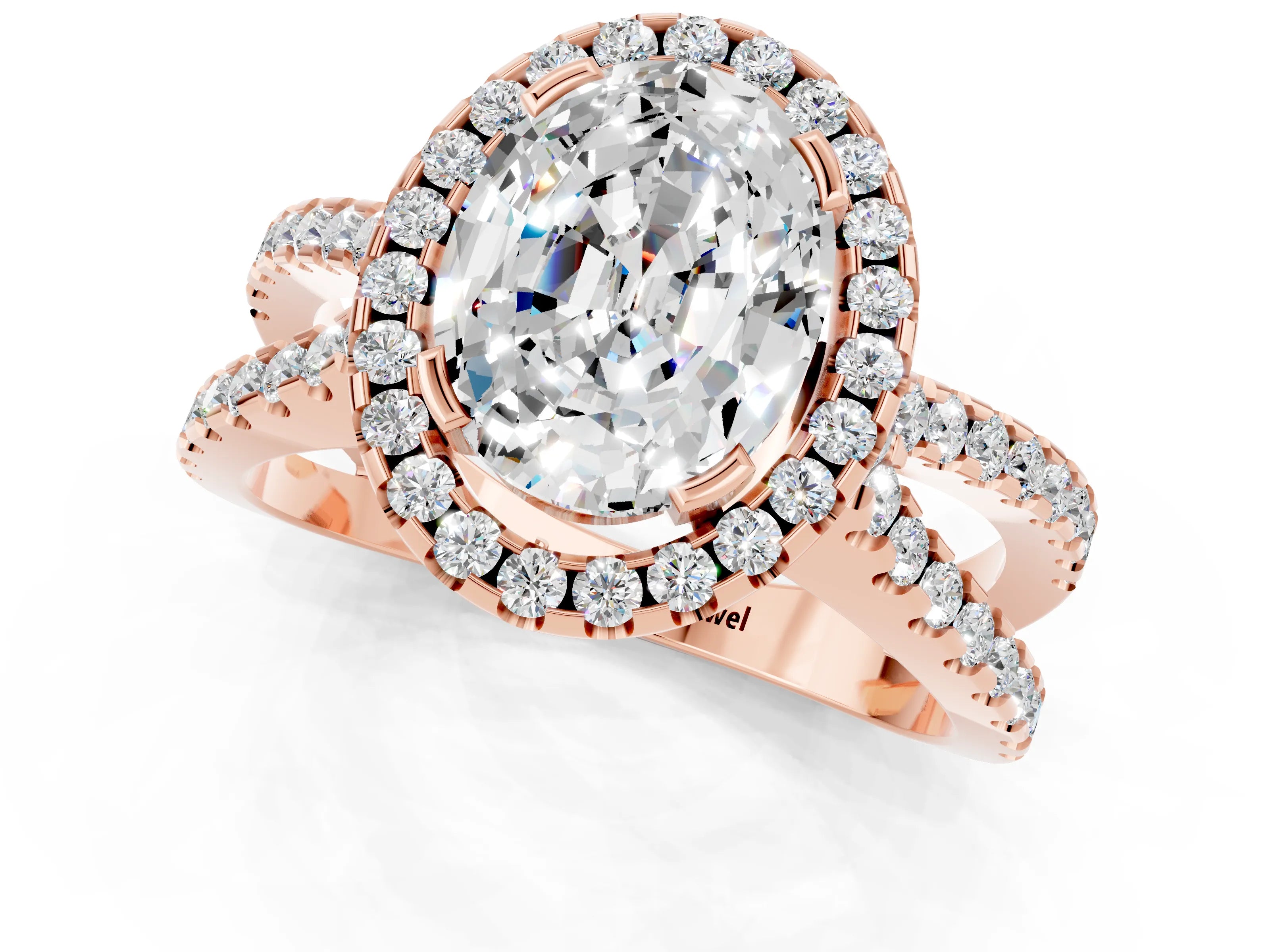 Rose gold Oval Cut Moissanite Halo Ring with Split Shank Pavé Band and Prong Setting_1