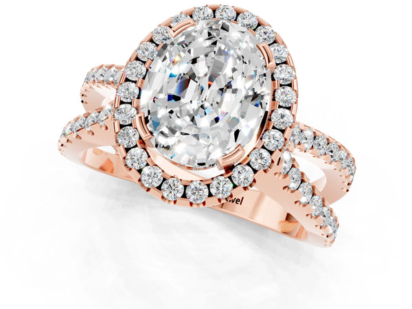 Rose gold Oval Cut Moissanite Halo Ring with Split Shank Pavé Band and Prong Setting