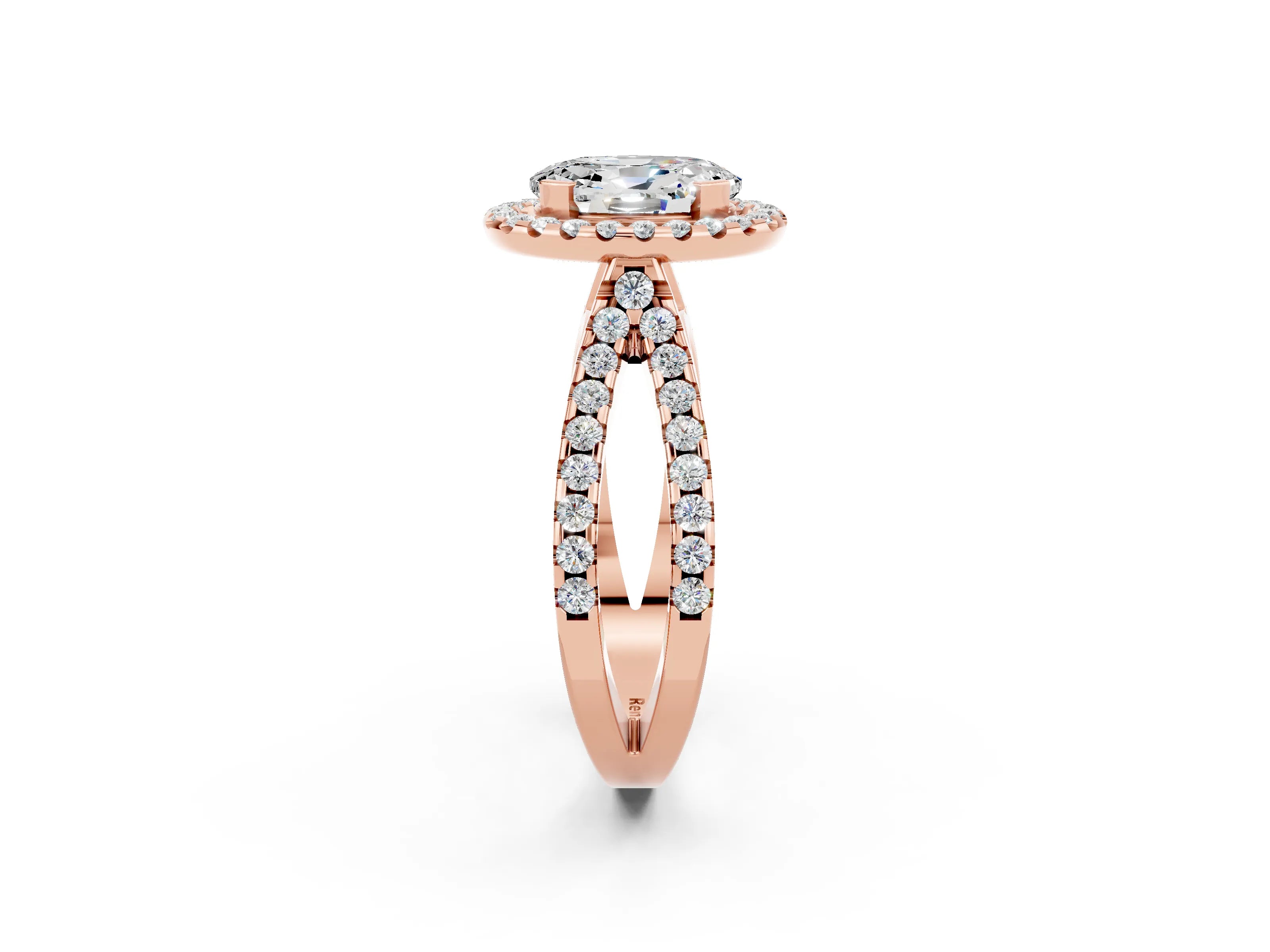 Rose gold Oval Cut Moissanite Halo Ring with Split Shank Pavé Band and Prong Setting_2