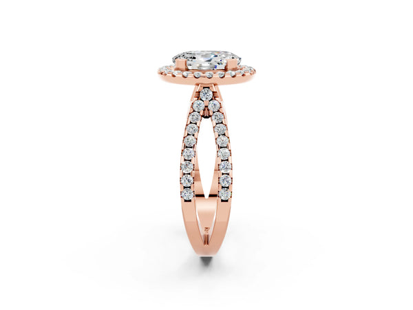Rose gold Oval Cut Moissanite Halo Ring with Split Shank Pavé Band and Prong Setting