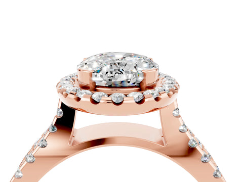Rose gold Oval Cut Moissanite Halo Ring with Split Shank Pavé Band and Prong Setting_4