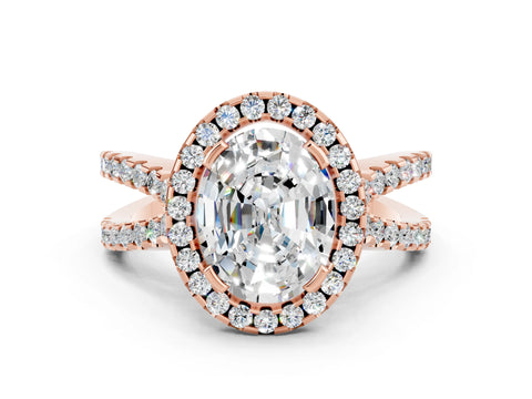 Rose gold Oval Cut Moissanite Halo Ring with Split Shank Pavé Band and Prong Setting