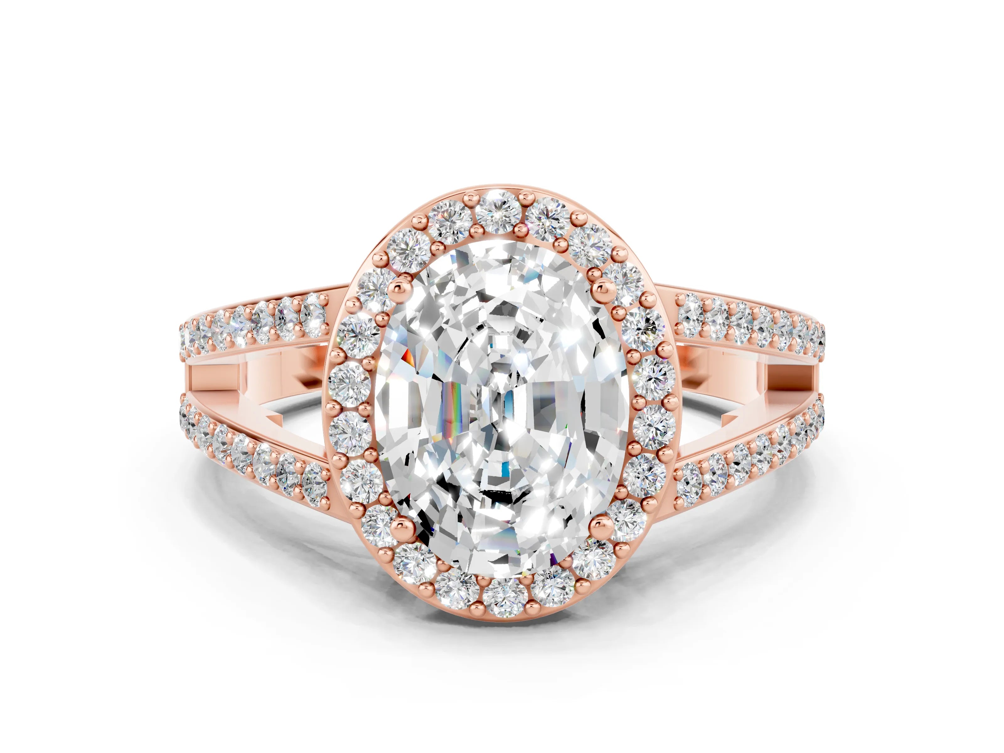Rose gold Oval Cut Moissanite Halo Ring with Split Shank U-Prong Band and Four-Prong Setting