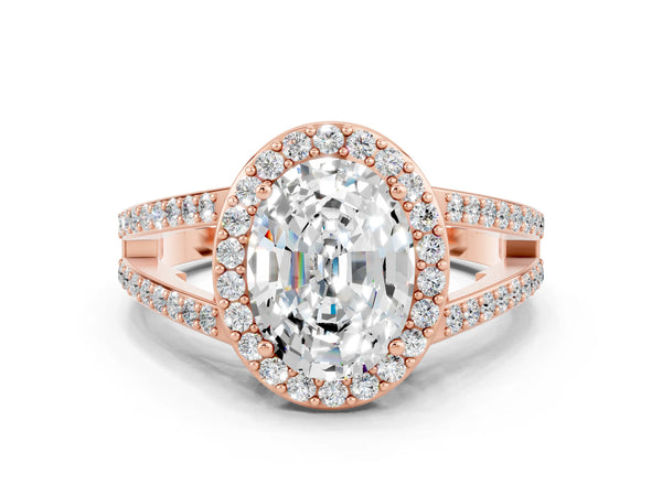 Rose gold Oval Cut Moissanite Halo Ring with Split Shank U-Prong Band and Four-Prong Setting