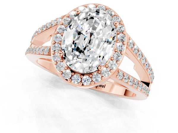 Rose gold Oval Cut Moissanite Halo Ring with Split Shank U-Prong Band and Four-Prong Setting