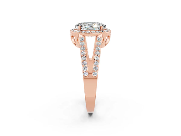 Rose gold Oval Cut Moissanite Halo Ring with Split Shank U-Prong Band and Four-Prong Setting