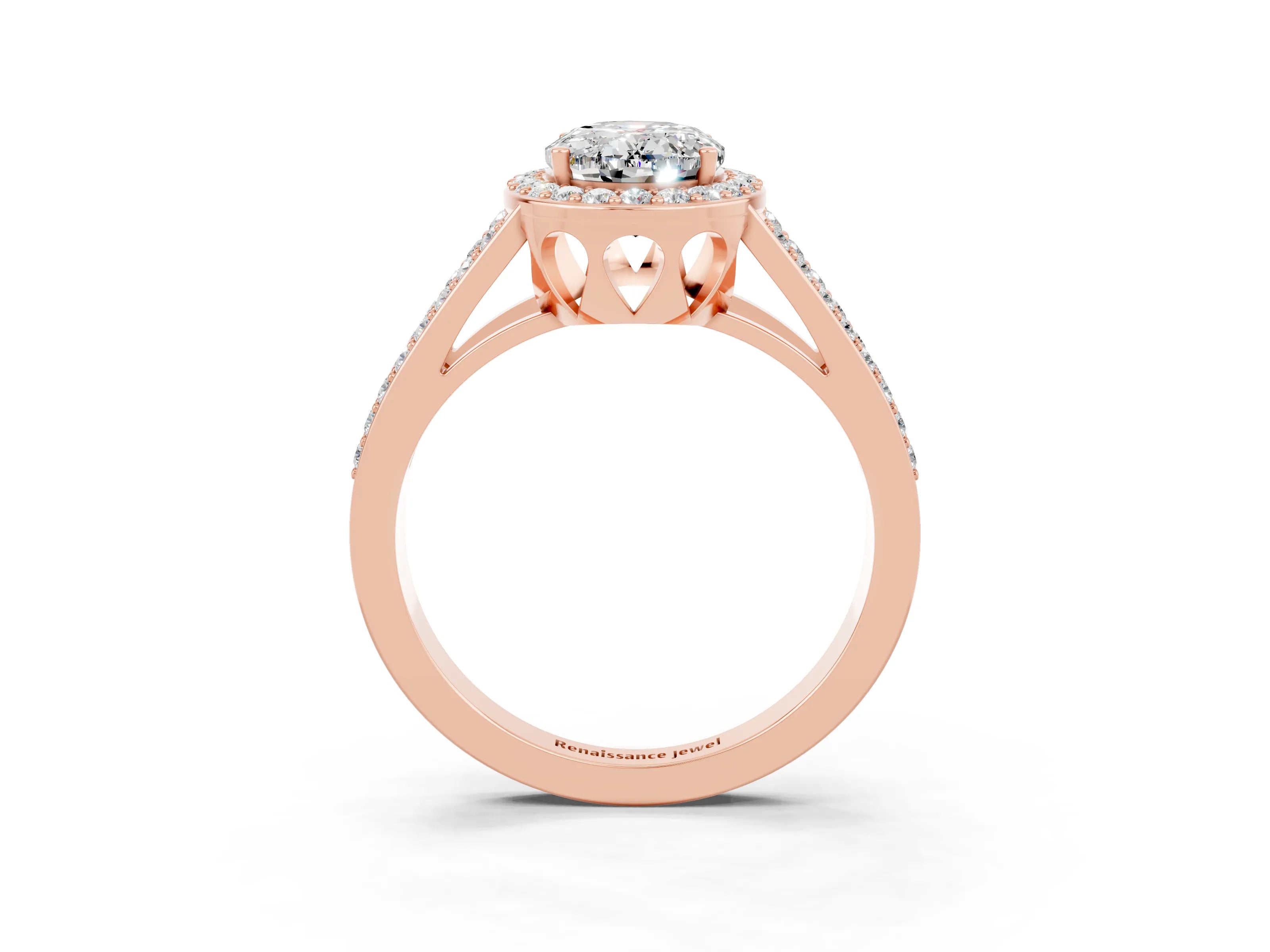 Rose gold Oval Cut Moissanite Halo Ring with Split Shank U-Prong Band and Four-Prong Setting_3