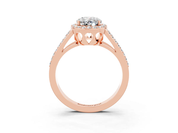 Rose gold Oval Cut Moissanite Halo Ring with Split Shank U-Prong Band and Four-Prong Setting