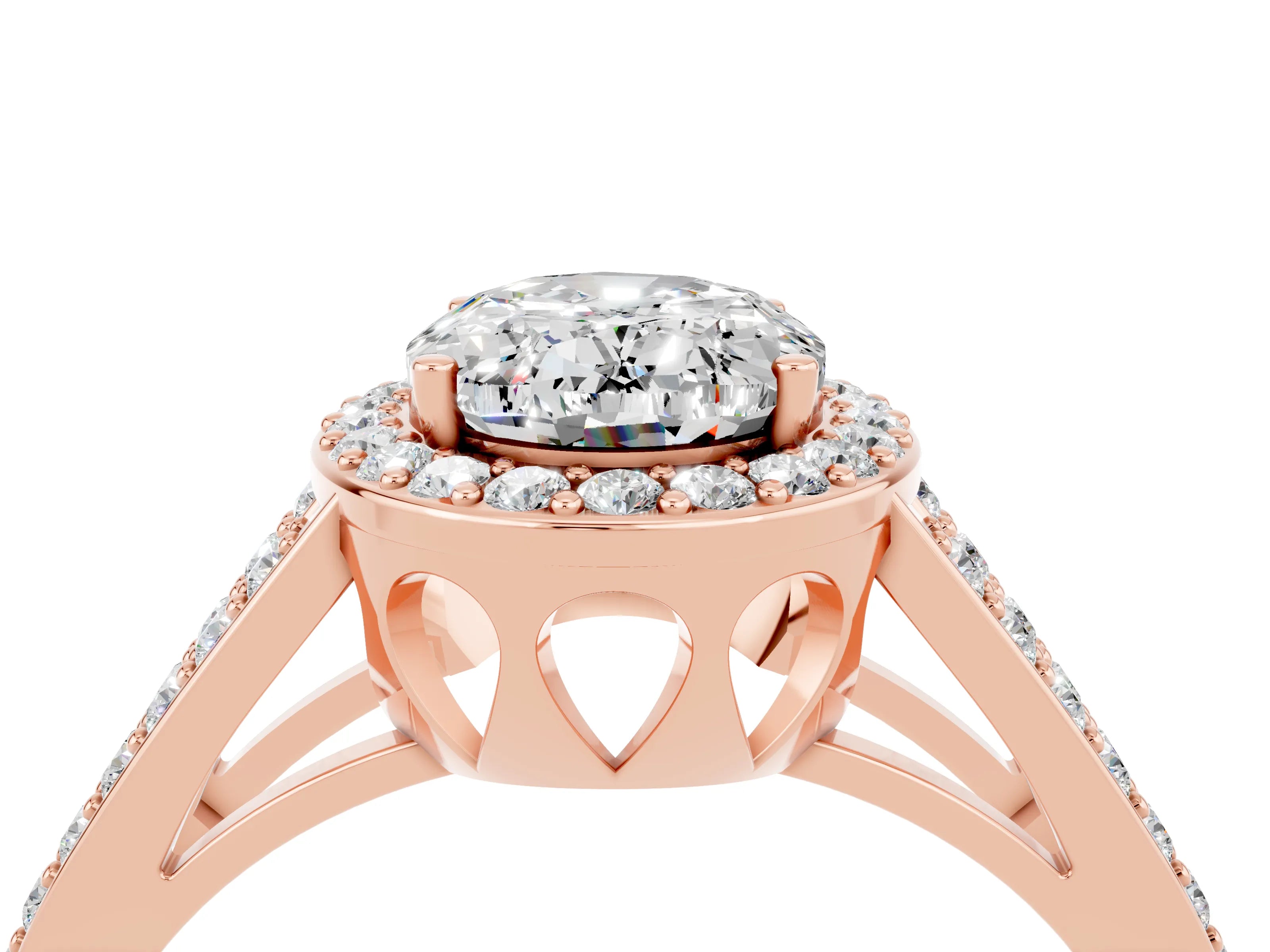 Rose gold Oval Cut Moissanite Halo Ring with Split Shank U-Prong Band and Four-Prong Setting_4
