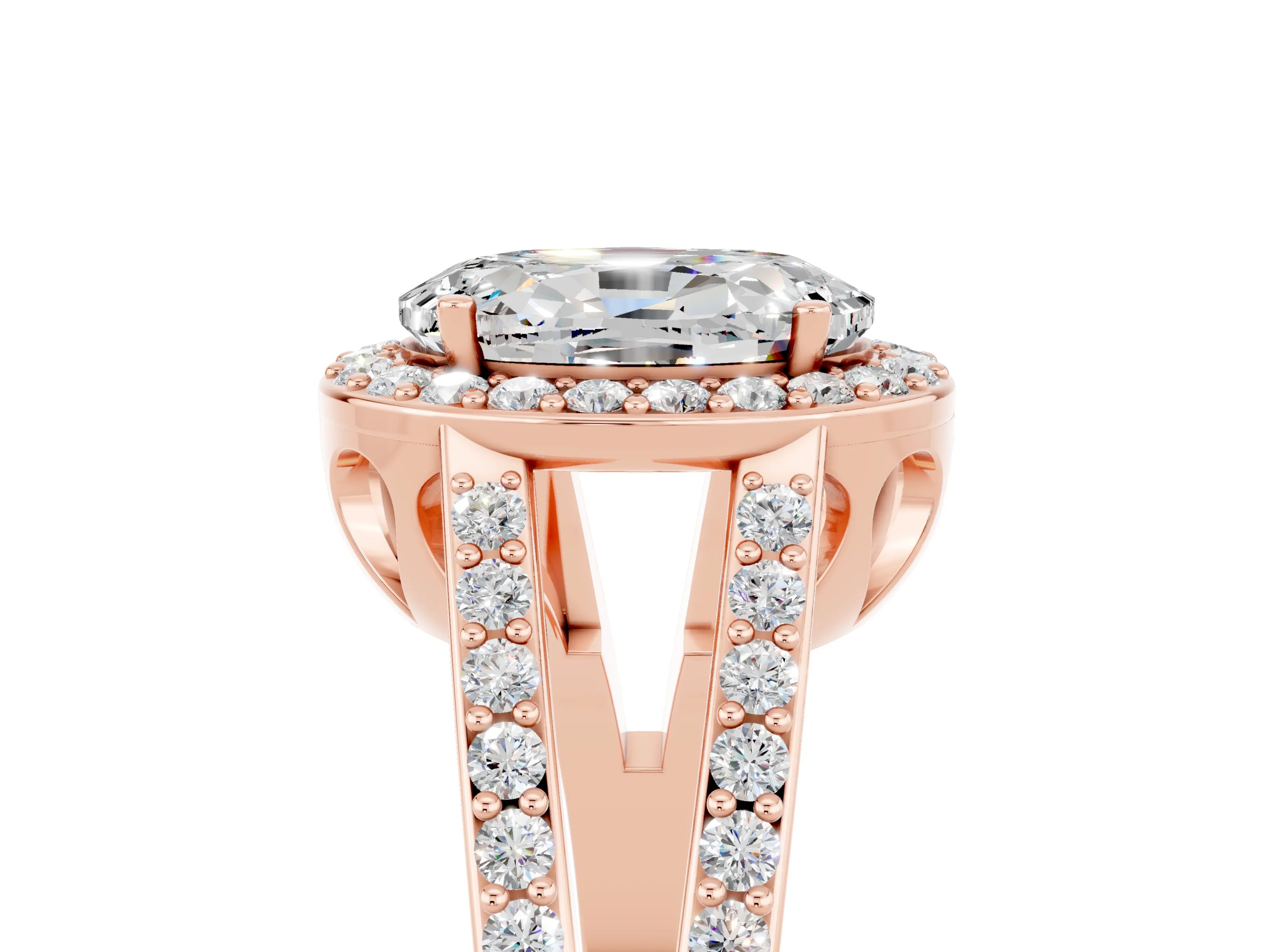 Rose gold Oval Cut Moissanite Halo Ring with Split Shank U-Prong Band and Four-Prong Setting_5