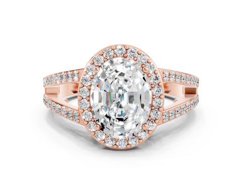 Rose gold Oval Cut Moissanite Halo Ring with Split Shank U-Prong Band and Four-Prong Setting