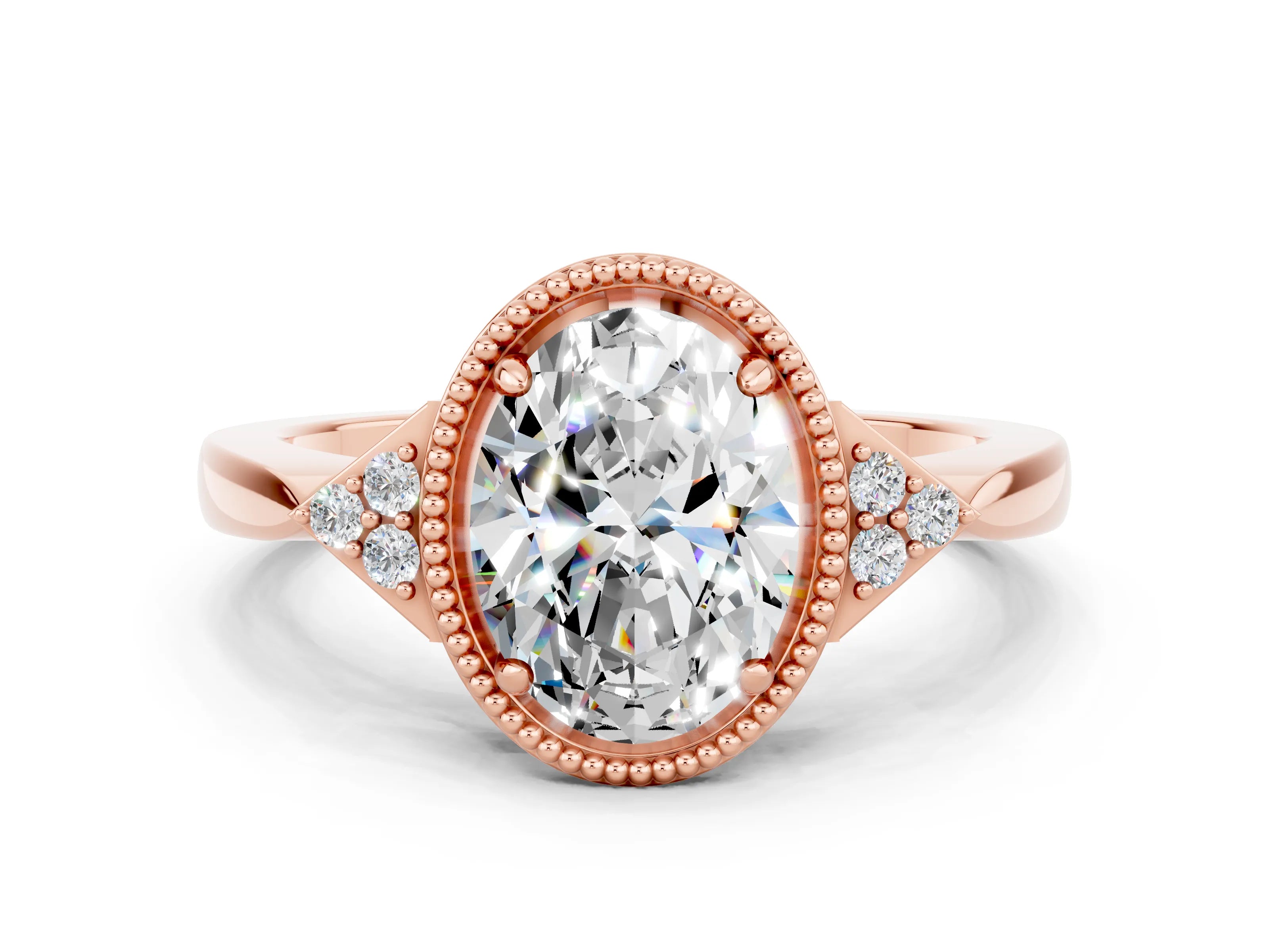Rose gold Oval Cut Moissanite Halo Ring with Tapered Band and Four-Prong Setting