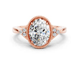 Rose gold Oval Cut Moissanite Halo Ring with Tapered Band and Four-Prong Setting