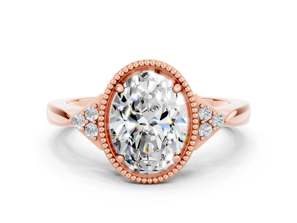 Rose gold Oval Cut Moissanite Halo Ring with Tapered Band and Four-Prong Setting