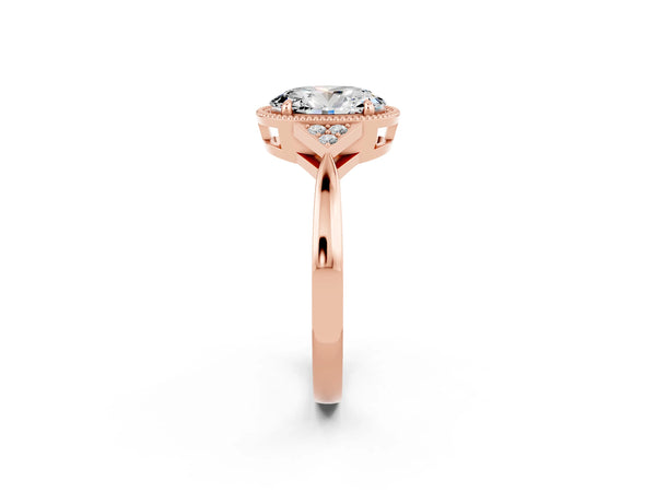 Rose gold Oval Cut Moissanite Halo Ring with Tapered Band and Four-Prong Setting