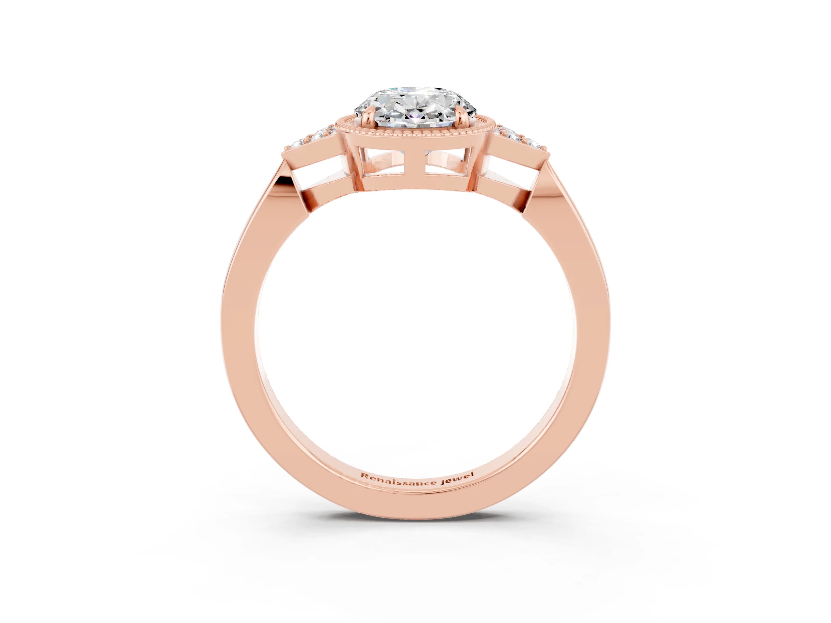 Rose gold Oval Cut Moissanite Halo Ring with Tapered Band and Four-Prong Setting_3