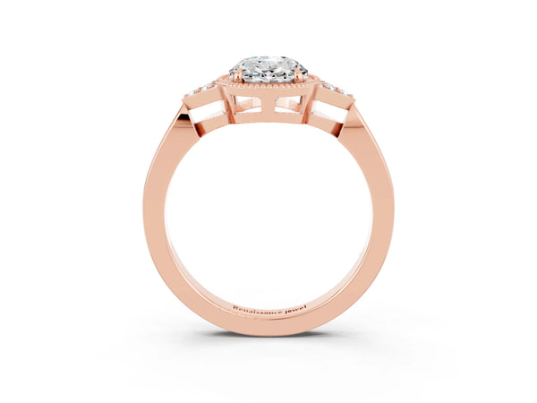 Rose gold Oval Cut Moissanite Halo Ring with Tapered Band and Four-Prong Setting