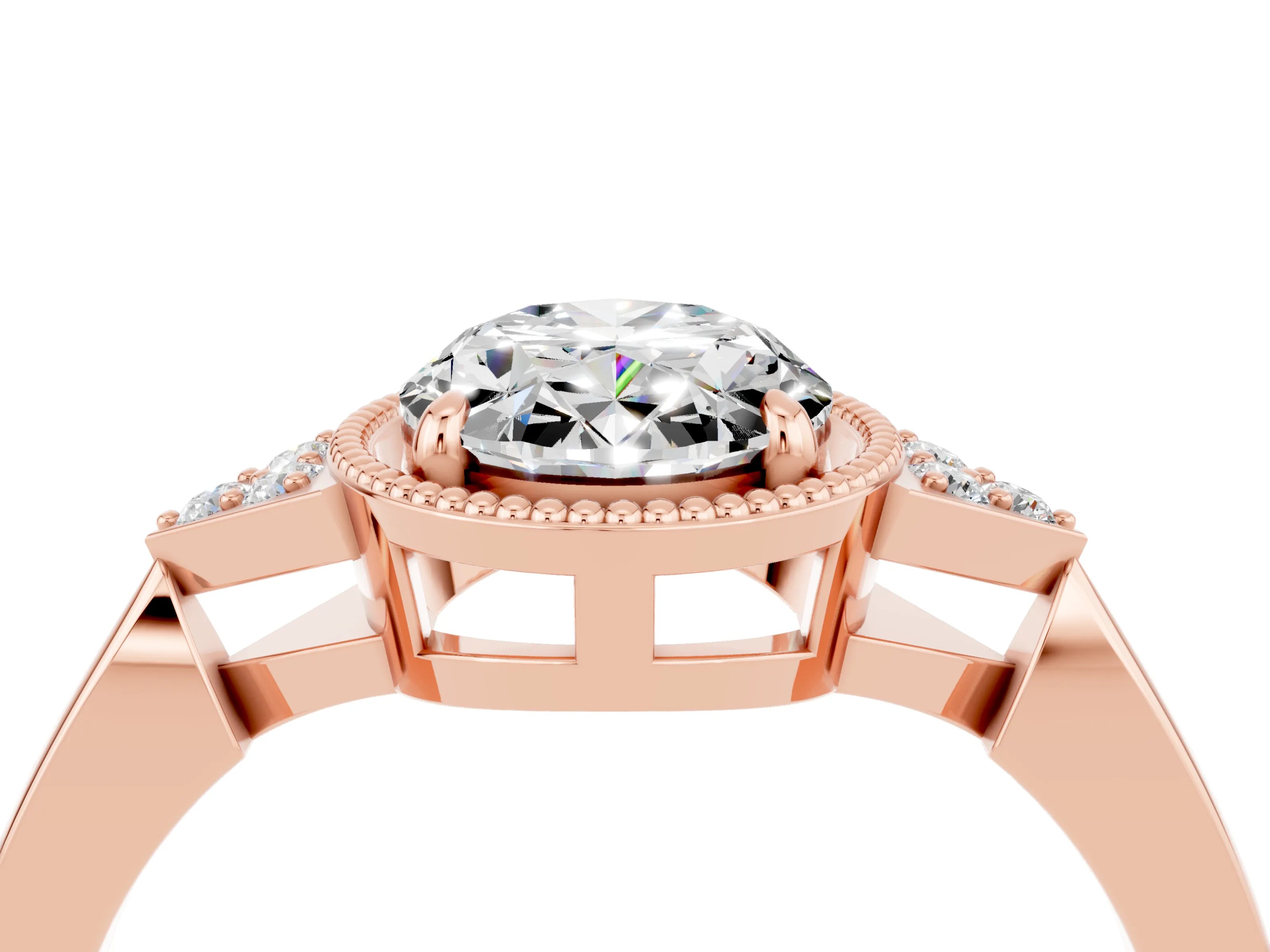 Rose gold Oval Cut Moissanite Halo Ring with Tapered Band and Four-Prong Setting_4