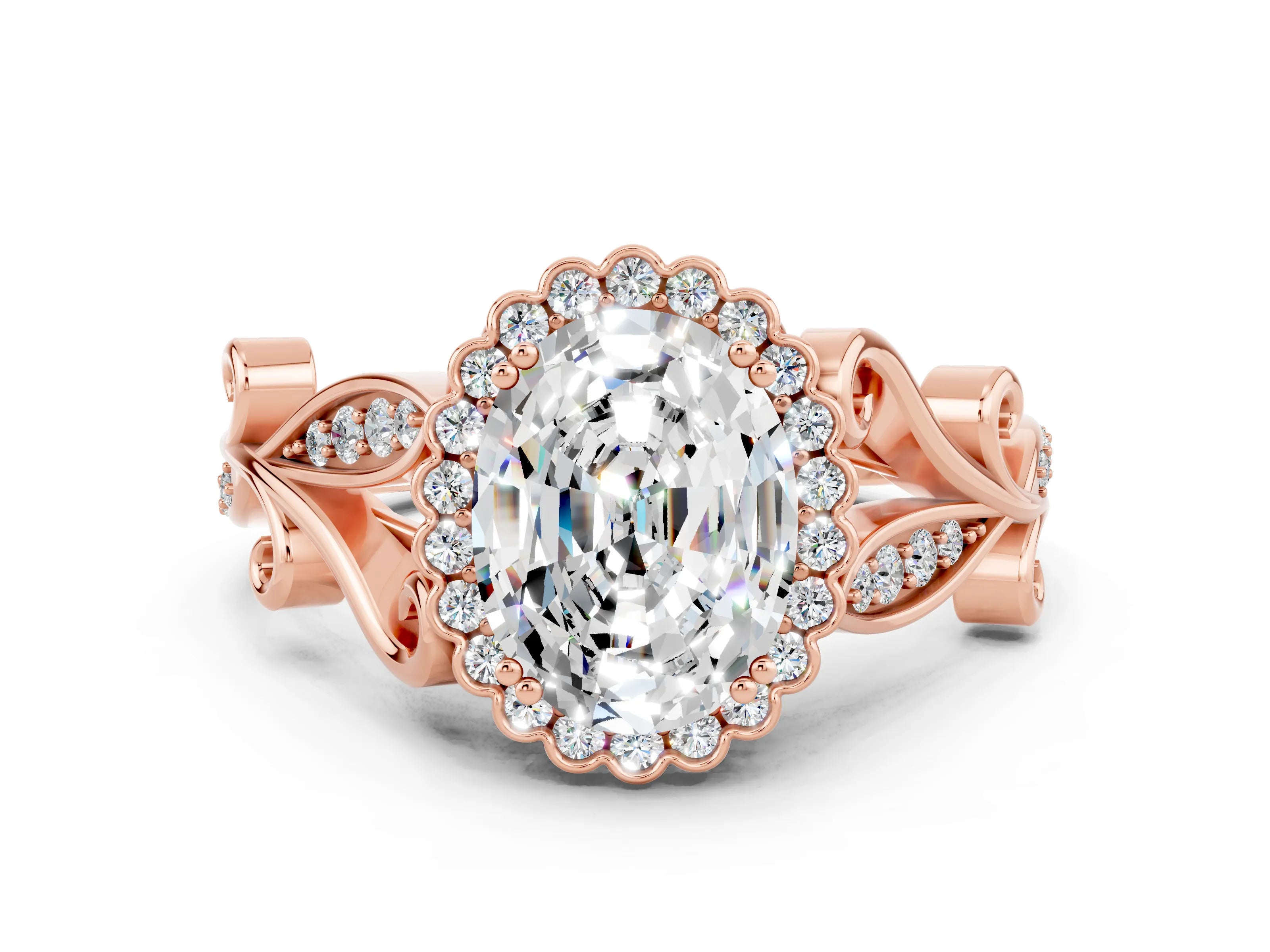 Rose gold Oval Cut Moissanite Halo Ring with Vintage Split Shank and Four-Prong Setting