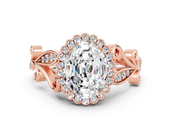 Rose gold Oval Cut Moissanite Halo Ring with Vintage Split Shank and Four-Prong Setting