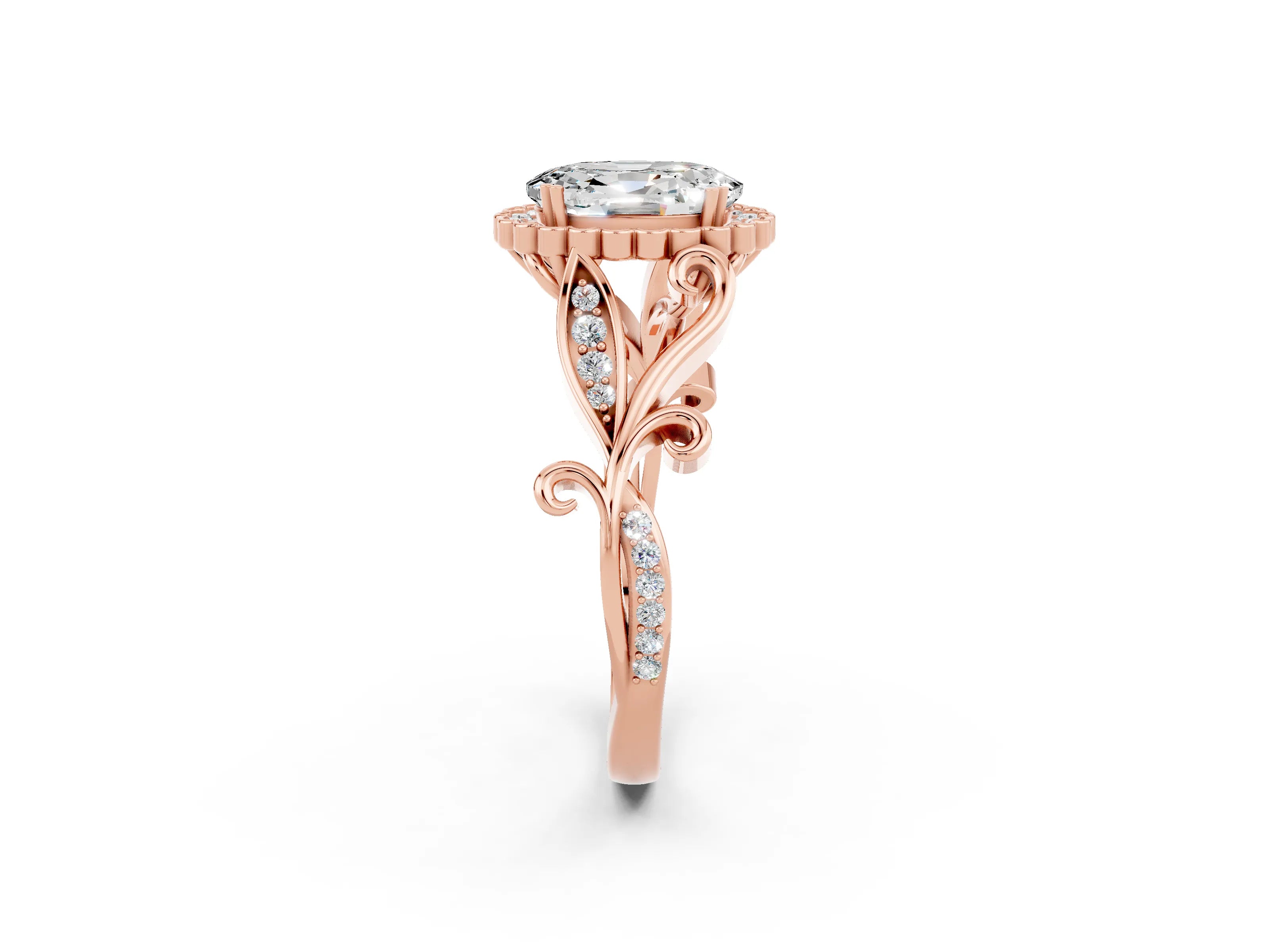 Rose gold Oval Cut Moissanite Halo Ring with Vintage Split Shank and Four-Prong Setting_2