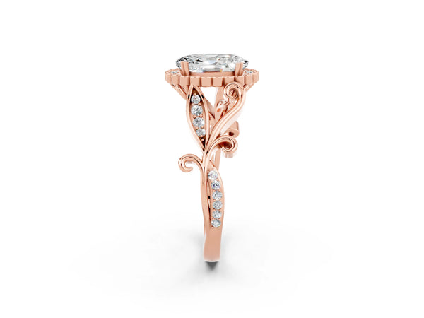 Rose gold Oval Cut Moissanite Halo Ring with Vintage Split Shank and Four-Prong Setting