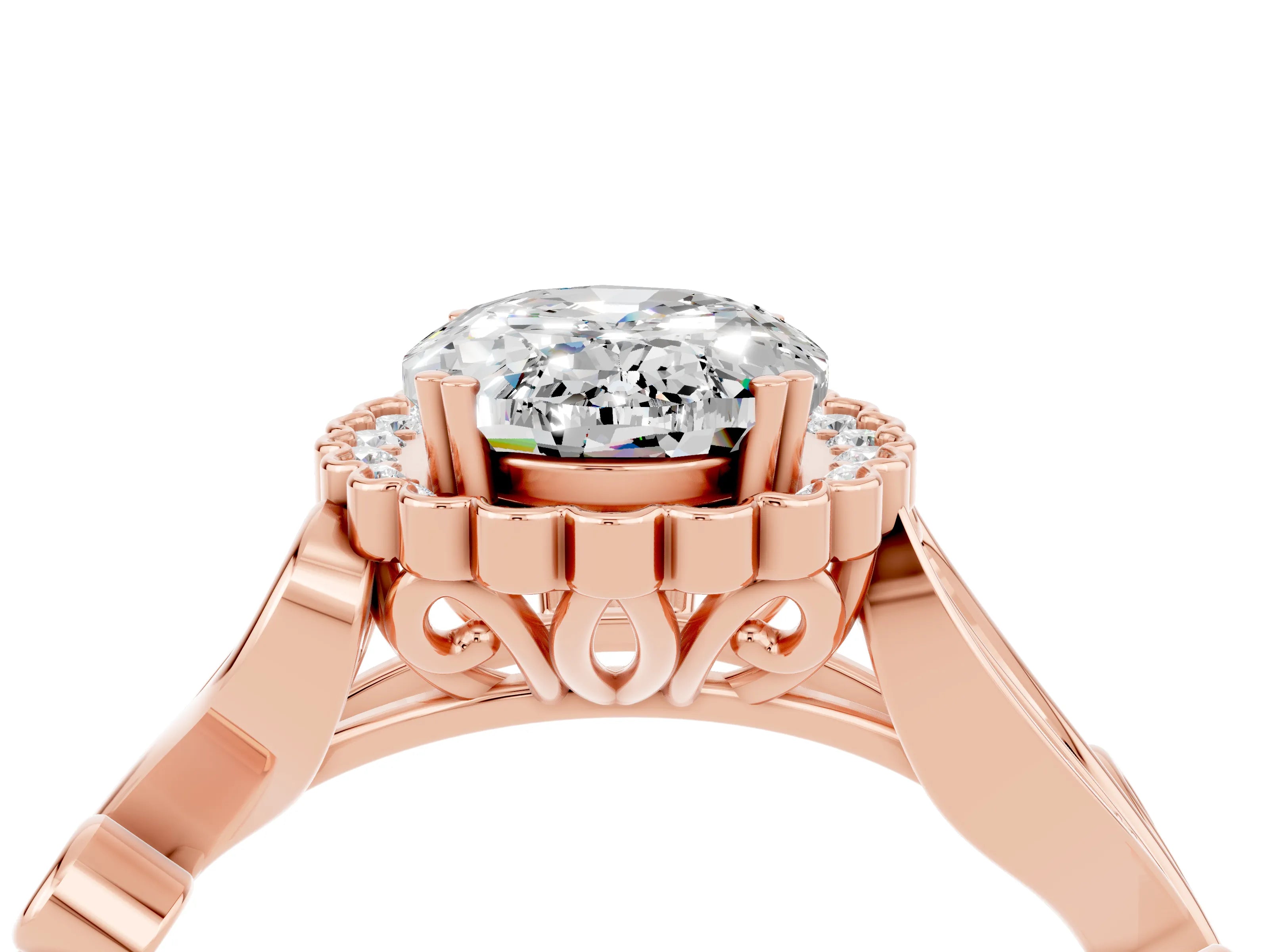 Rose gold Oval Cut Moissanite Halo Ring with Vintage Split Shank and Four-Prong Setting_4