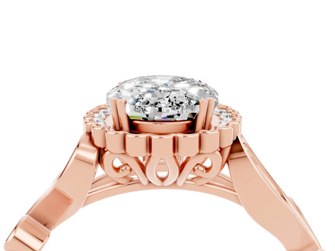 Rose gold Oval Cut Moissanite Halo Ring with Vintage Split Shank and Four-Prong Setting_4