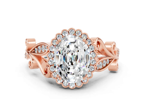 Rose gold Oval Cut Moissanite Halo Ring with Vintage Split Shank and Four-Prong Setting