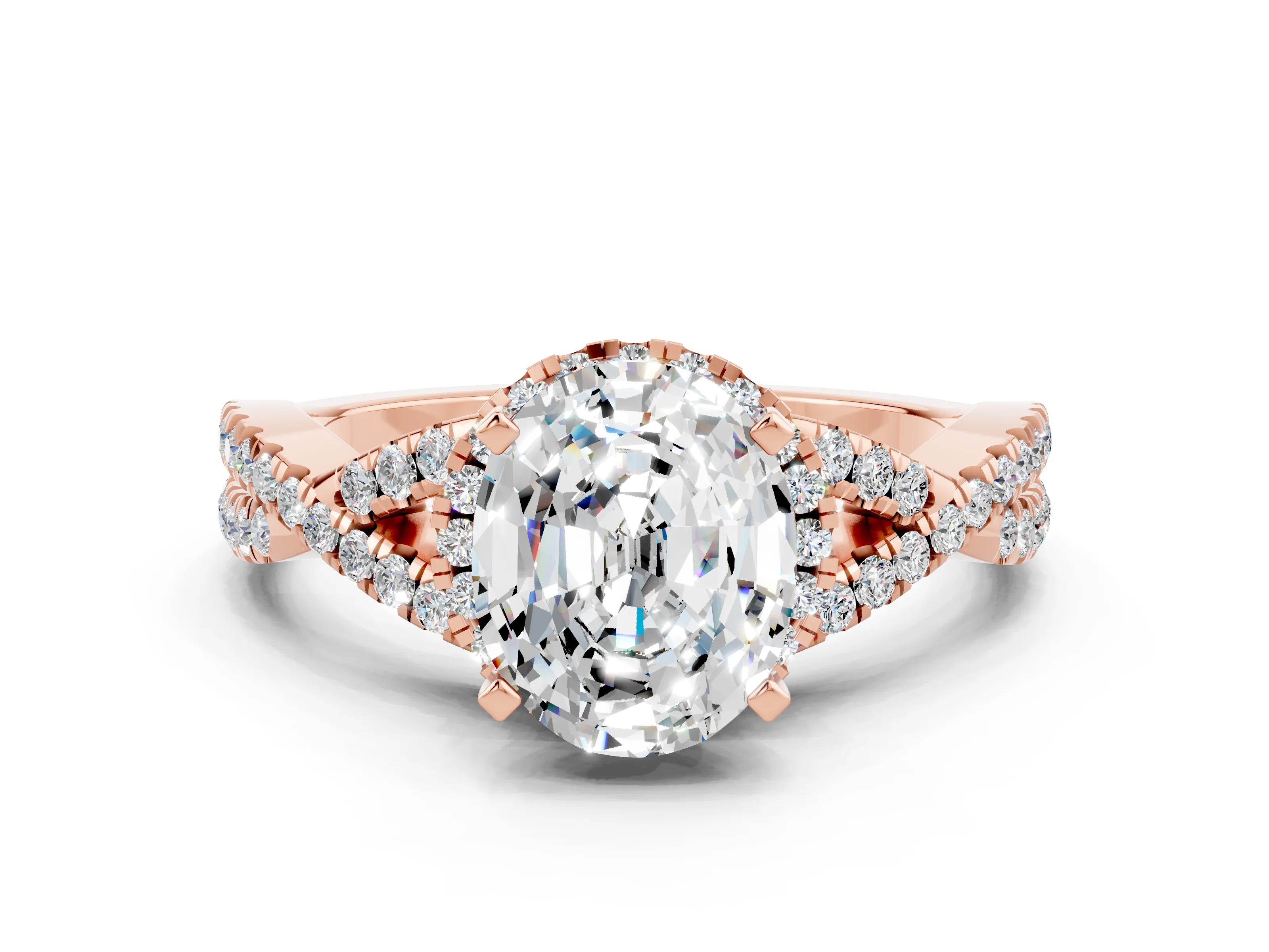 Rose gold Oval Cut Moissanite Halo Twist Band Solitaire Prong Setting Ring