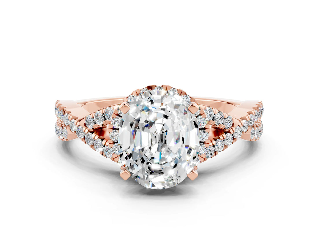 Rose gold Oval Cut Moissanite Halo Twist Band Solitaire Prong Setting Ring