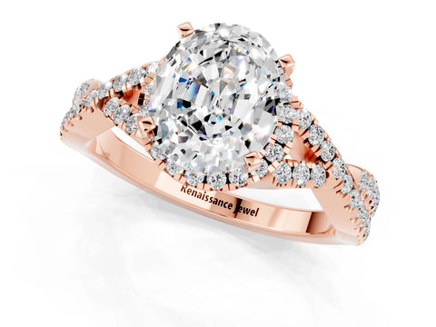 Rose gold Oval Cut Moissanite Halo Twist Band Solitaire Prong Setting Ring_1