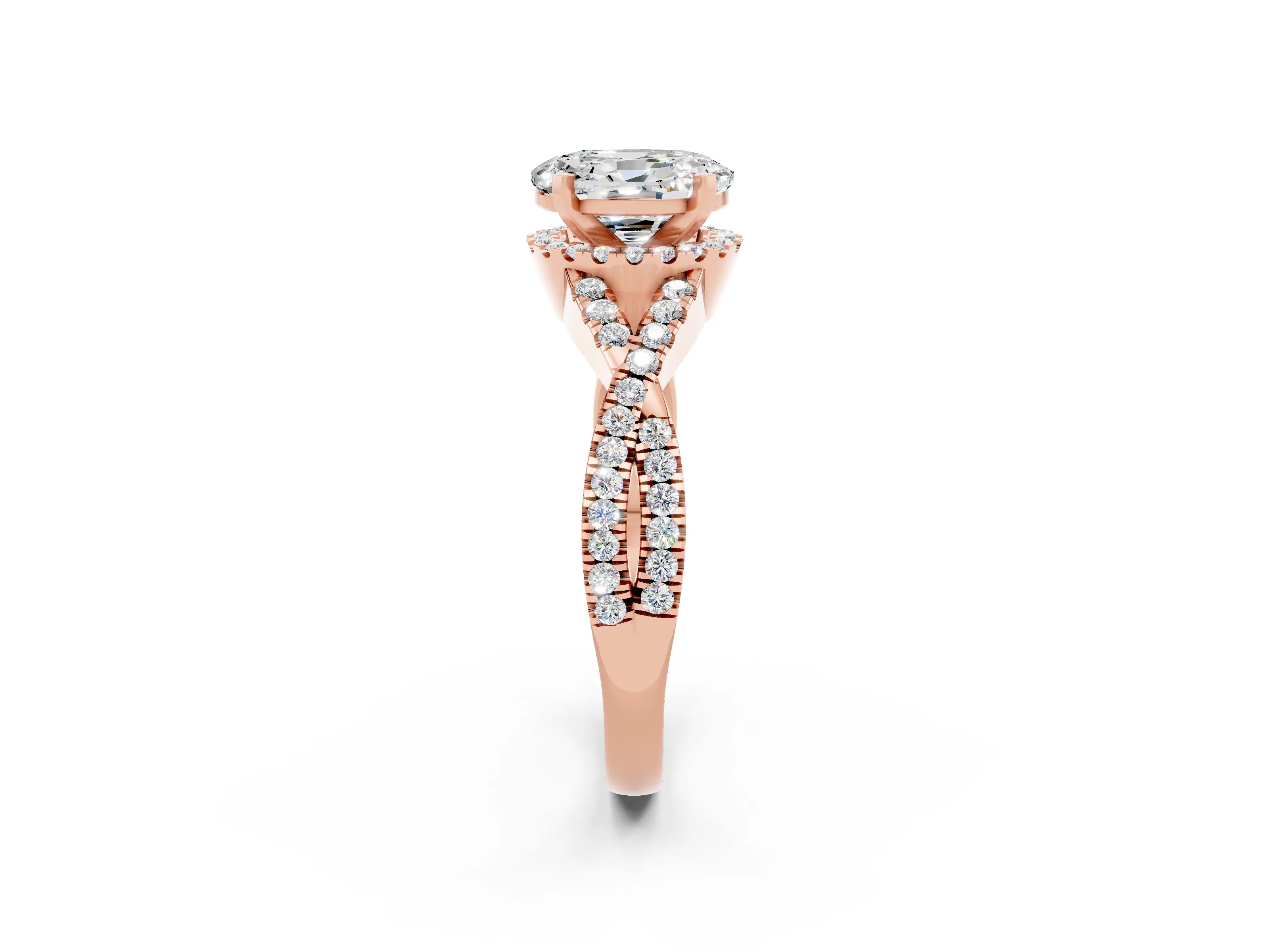 Rose gold Oval Cut Moissanite Halo Twist Band Solitaire Prong Setting Ring_2
