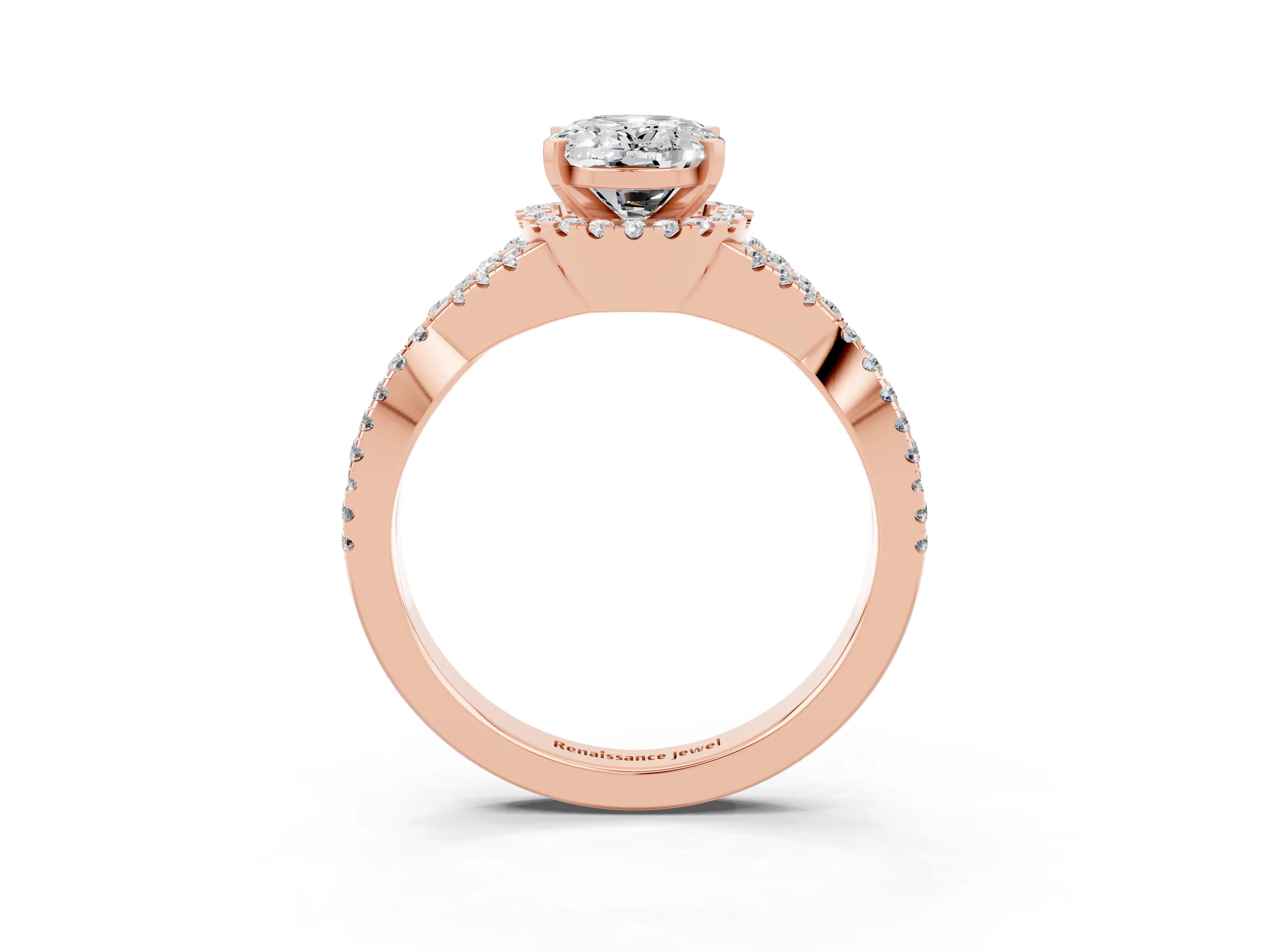Rose gold Oval Cut Moissanite Halo Twist Band Solitaire Prong Setting Ring_3