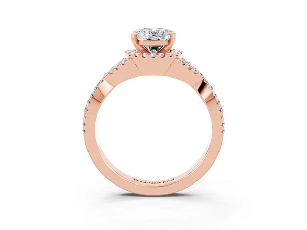 Rose gold Oval Cut Moissanite  Halo Twist Band Solitaire Prong Setting Ring