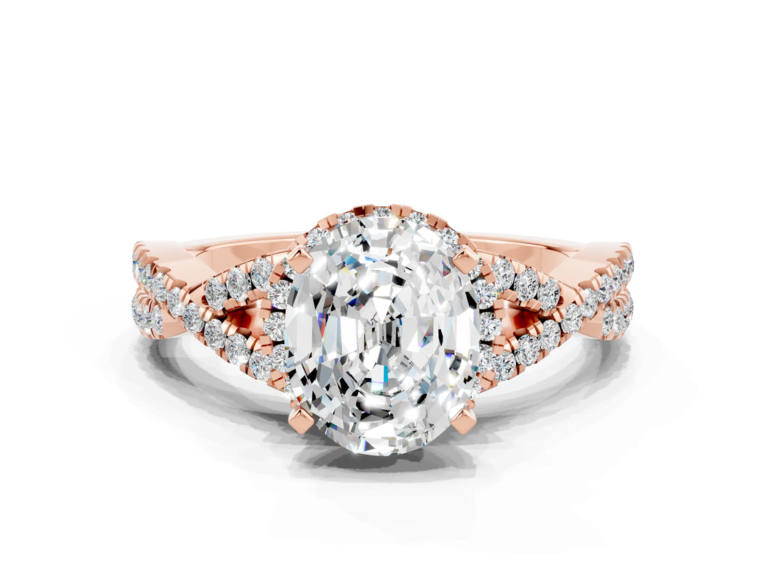 Rose gold Oval Cut Moissanite  Halo Twist Band Solitaire Prong Setting Ring_42
