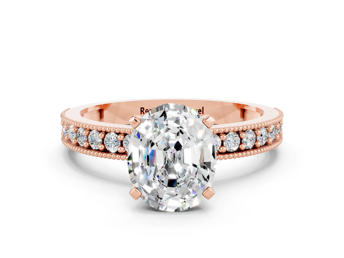 Rose gold Oval Cut Moissanite Milgrain Pavé Engagement Ring with Four-Prong Setting_12