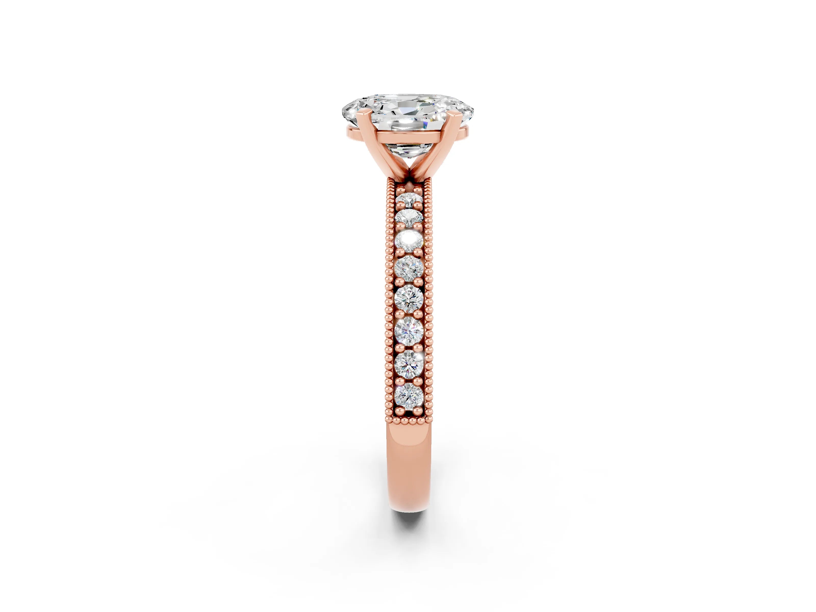 Rose gold Oval Cut Moissanite Milgrain Pavé Engagement Ring with Four-Prong Setting_14