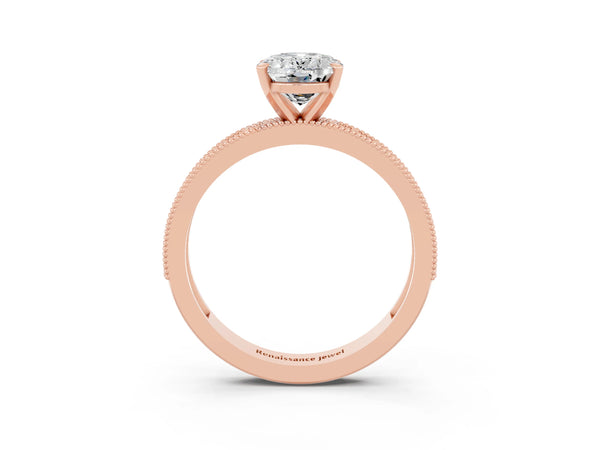Rose gold Oval Cut Moissanite Milgrain Pavé Engagement Ring with Four-Prong Setting