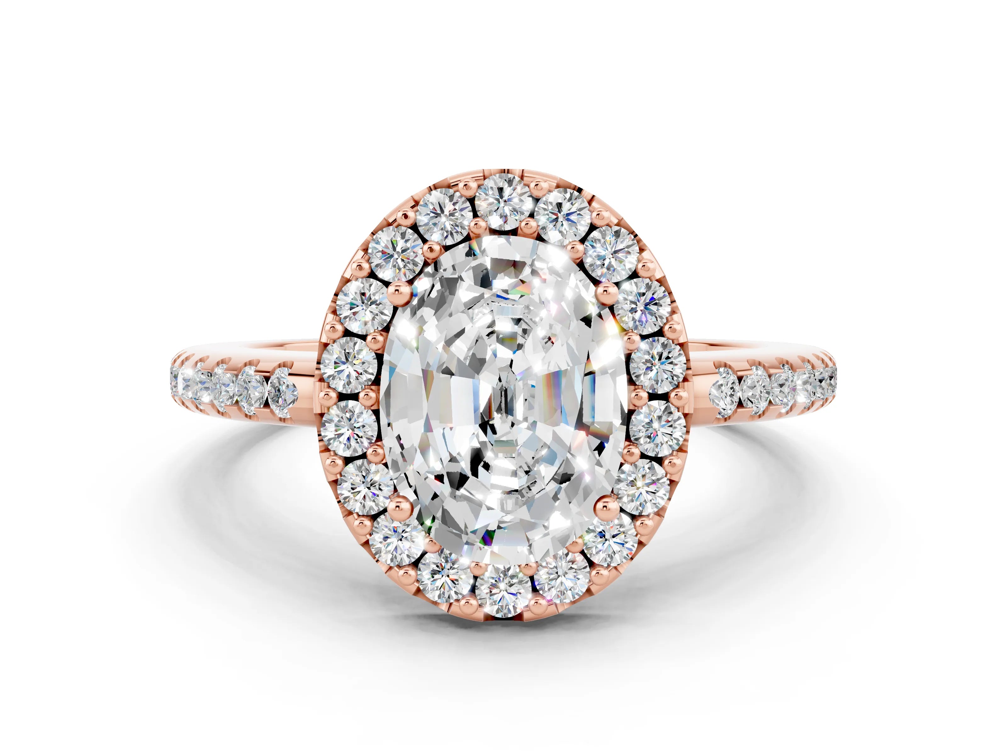 Rose gold Oval Cut Moissanite Pavé Halo Ring with Four-Prong Setting_12