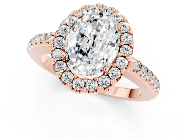 Rose gold Oval Cut Moissanite Pavé Halo Ring with Four-Prong Setting