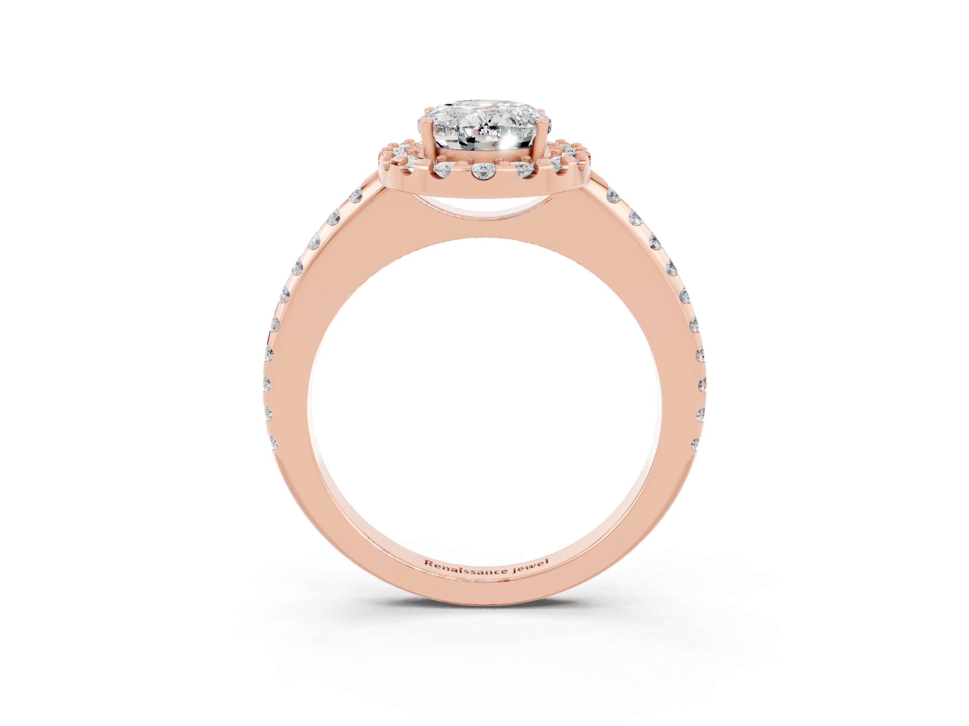 Rose gold Oval Cut Moissanite Pavé Halo Ring with Four-Prong Setting_15