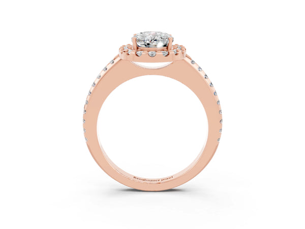 Rose gold Oval Cut Moissanite Pavé Halo Ring with Four-Prong Setting